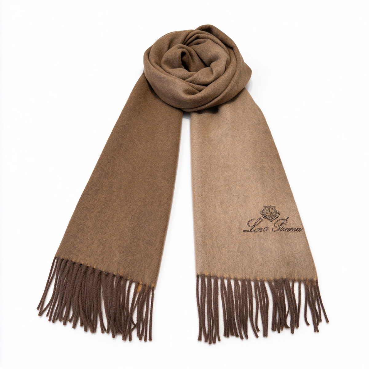 Loro Piana Cashmere Unita Scarf (Cognac Brown) | Embroidered Logo & Tassel Luxury Wrap — A Sophisticated Accessory for Men and Women