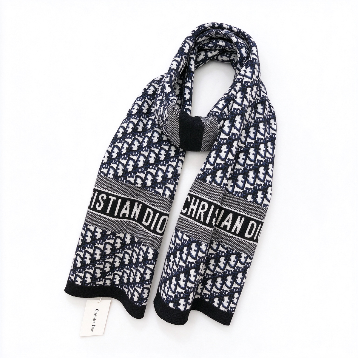 Dior Oblique Jacquard Scarf | Navy Blue & Black Knit Wrap | Reversible Logo Band & Stripe Border Stole