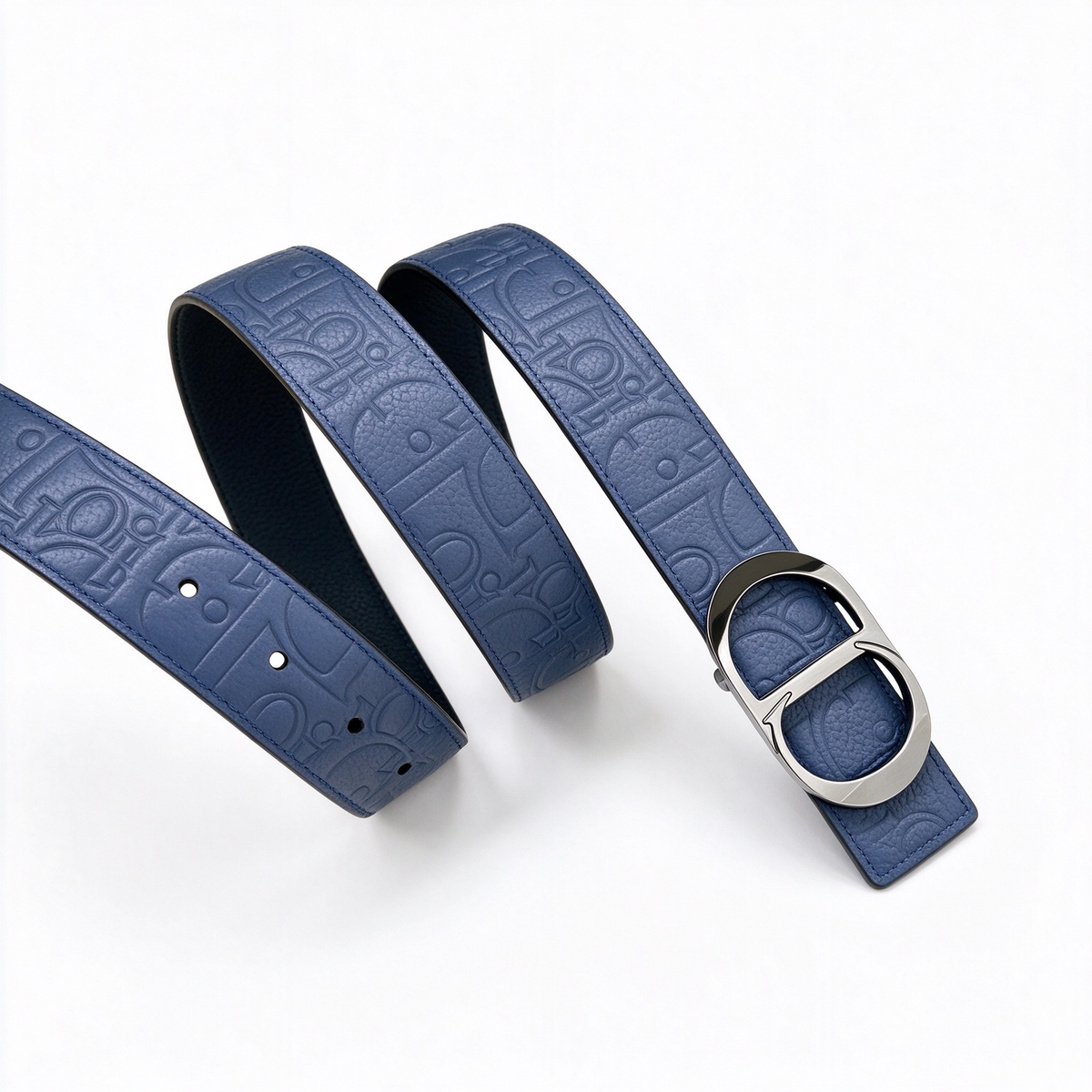 Dior 30 Montaigne Navy Blue Oblique Embossed Leather Belt | Silver CD Buckle — Luxury Designer Wide Waist Belt