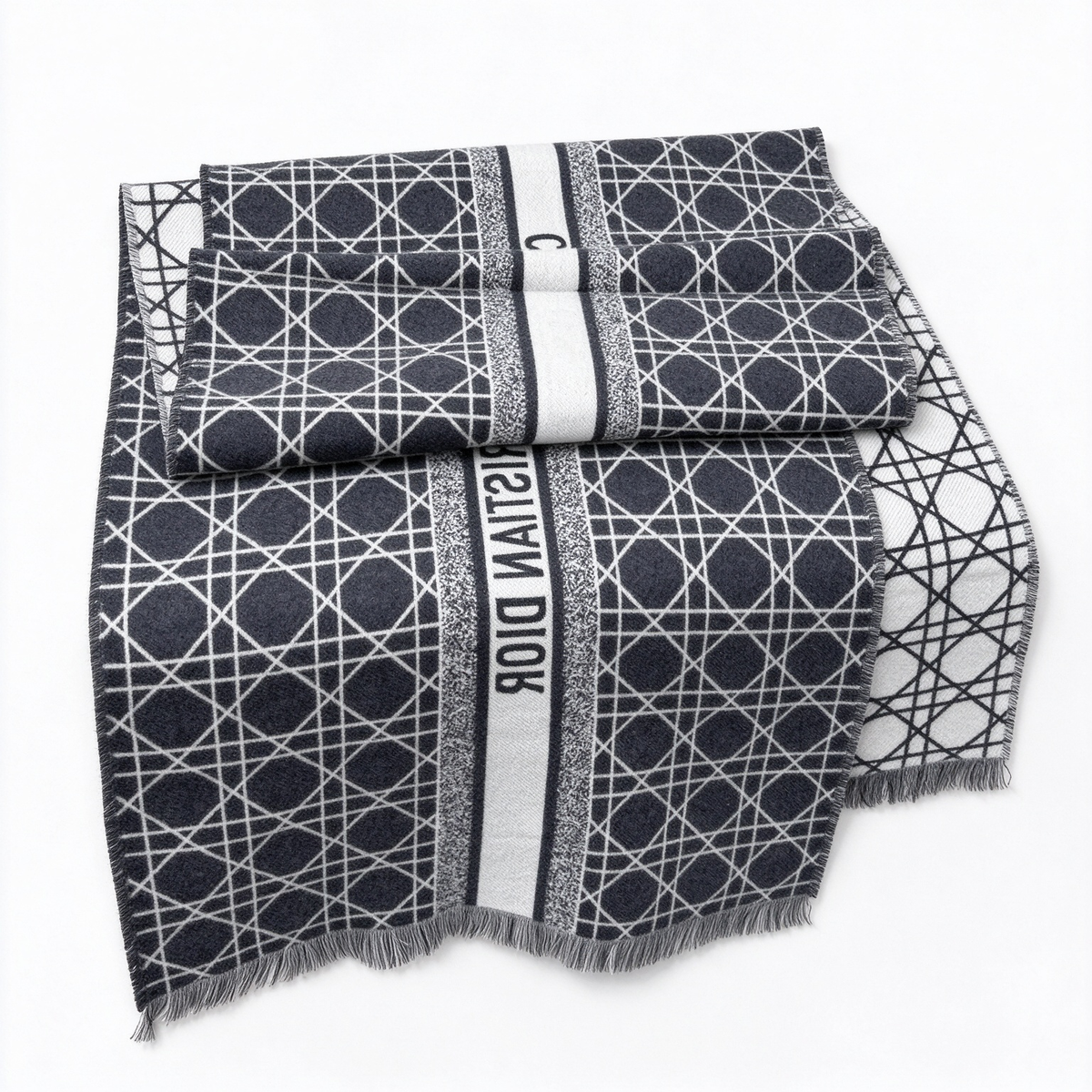 Christian Dior Cannage Scarf in Black & White — Reversible Wool Silk Blend Logo Shawl with Fringe | Luxury Designer Fashion Accessory