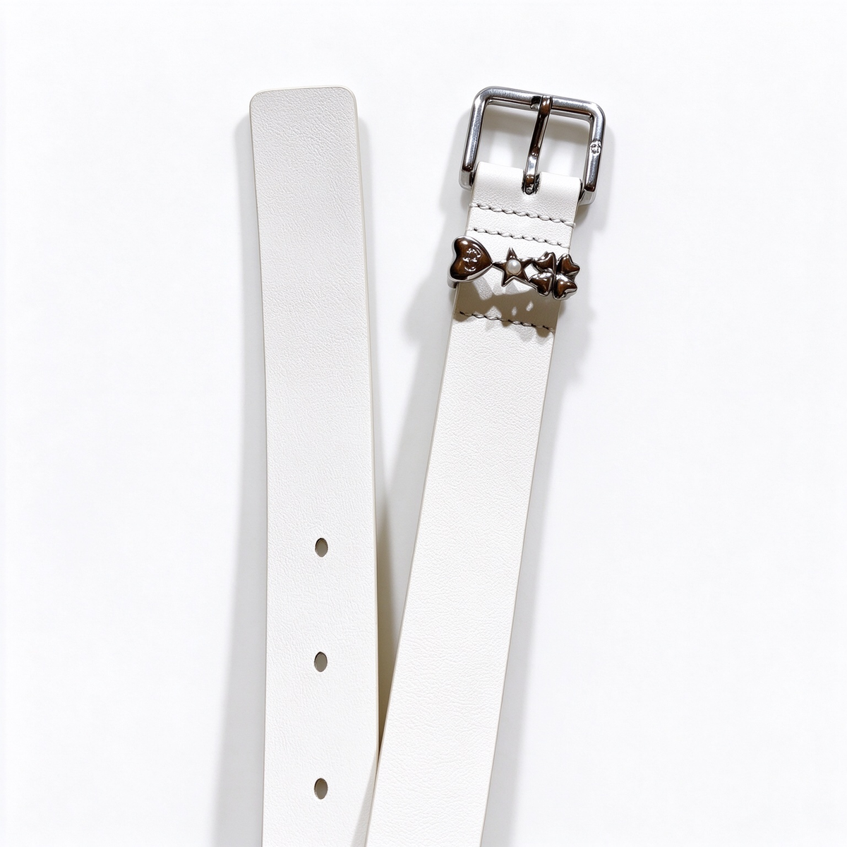 Christian Dior White Leather Belt | Silver Charm Heart Pearl Star Detail Pin Buckle — Luxury Designer Skinny Waist Belt
