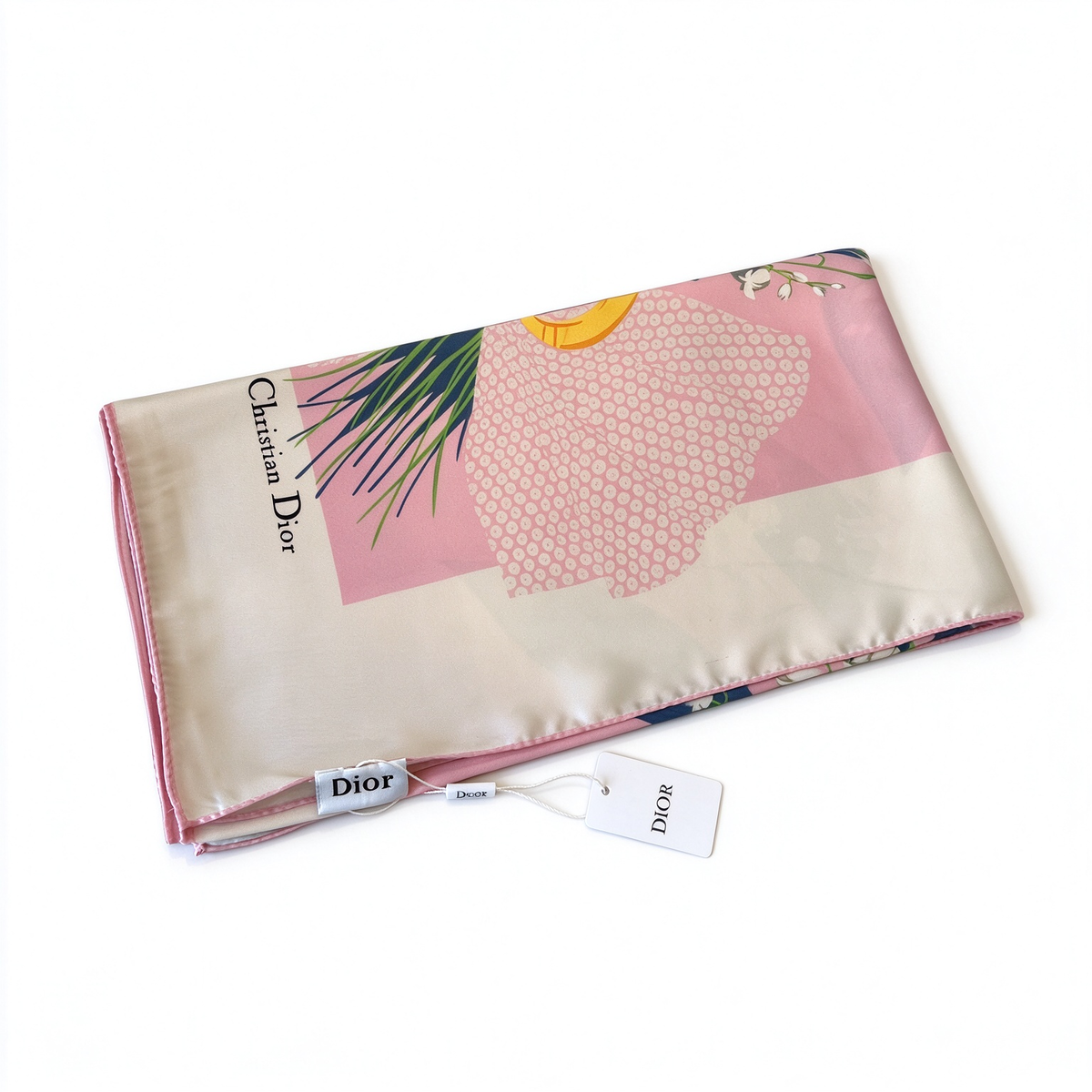 Christian Dior Muguet (Lily of the Valley) Silk Square Scarf – Pink and Navy Lily of the Valley Print | A Designer Accessory Symbolizing Good Luck