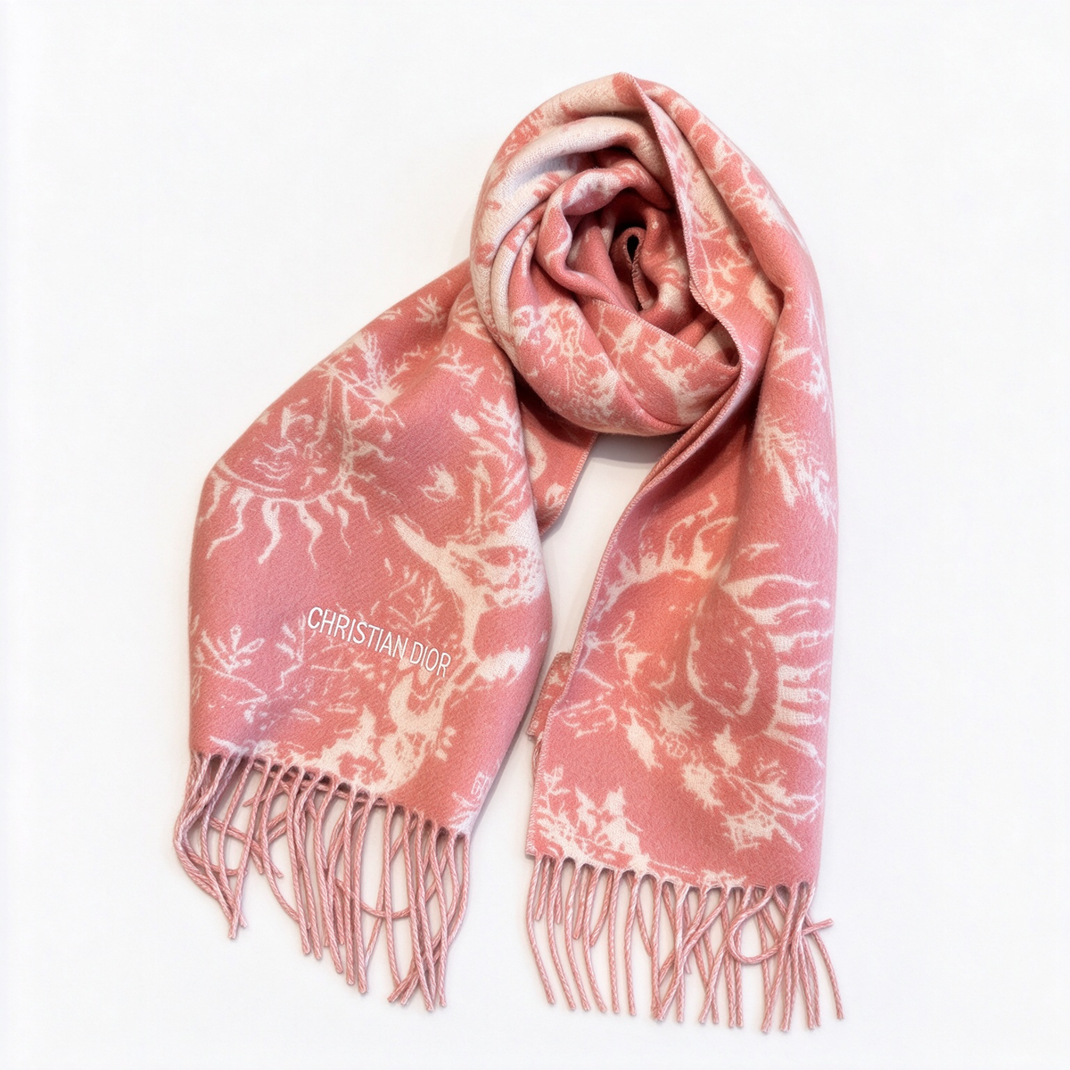 Christian Dior Sauvage Toile de Jouy Scarf – Rose Pink & Cream Cashmere Wool Blend with Fringe & Logo Detail | Luxury Designer Scarf for Women