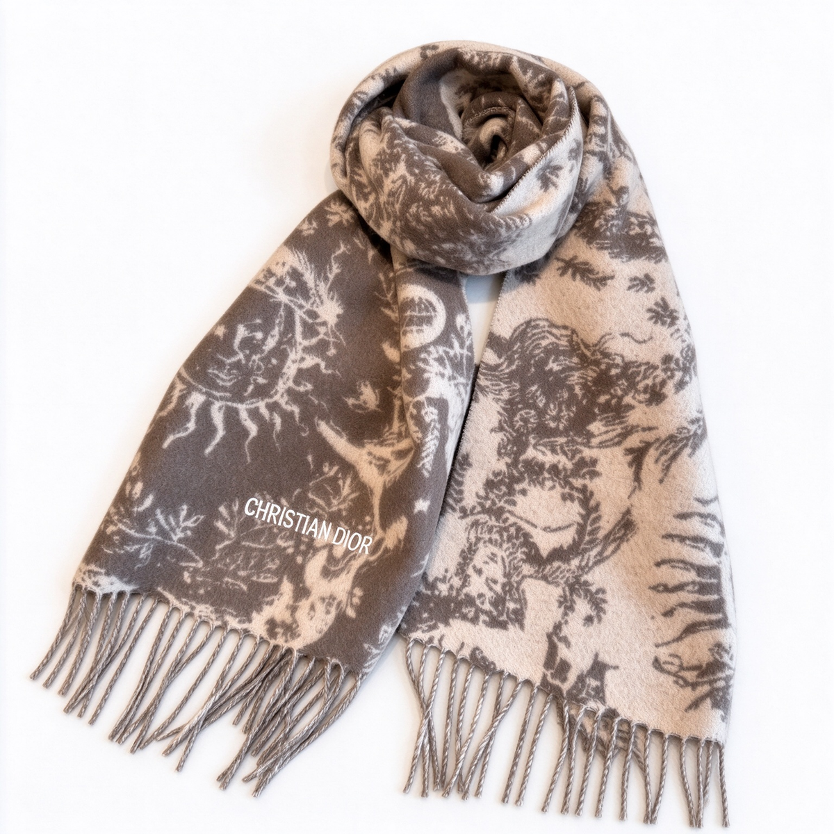 Christian Dior Sauvage Toile de Jouy Scarf – Deep Grey & Beige Cashmere Wool Blend with Fringe & Logo Detail | Luxury Designer Scarf for Women