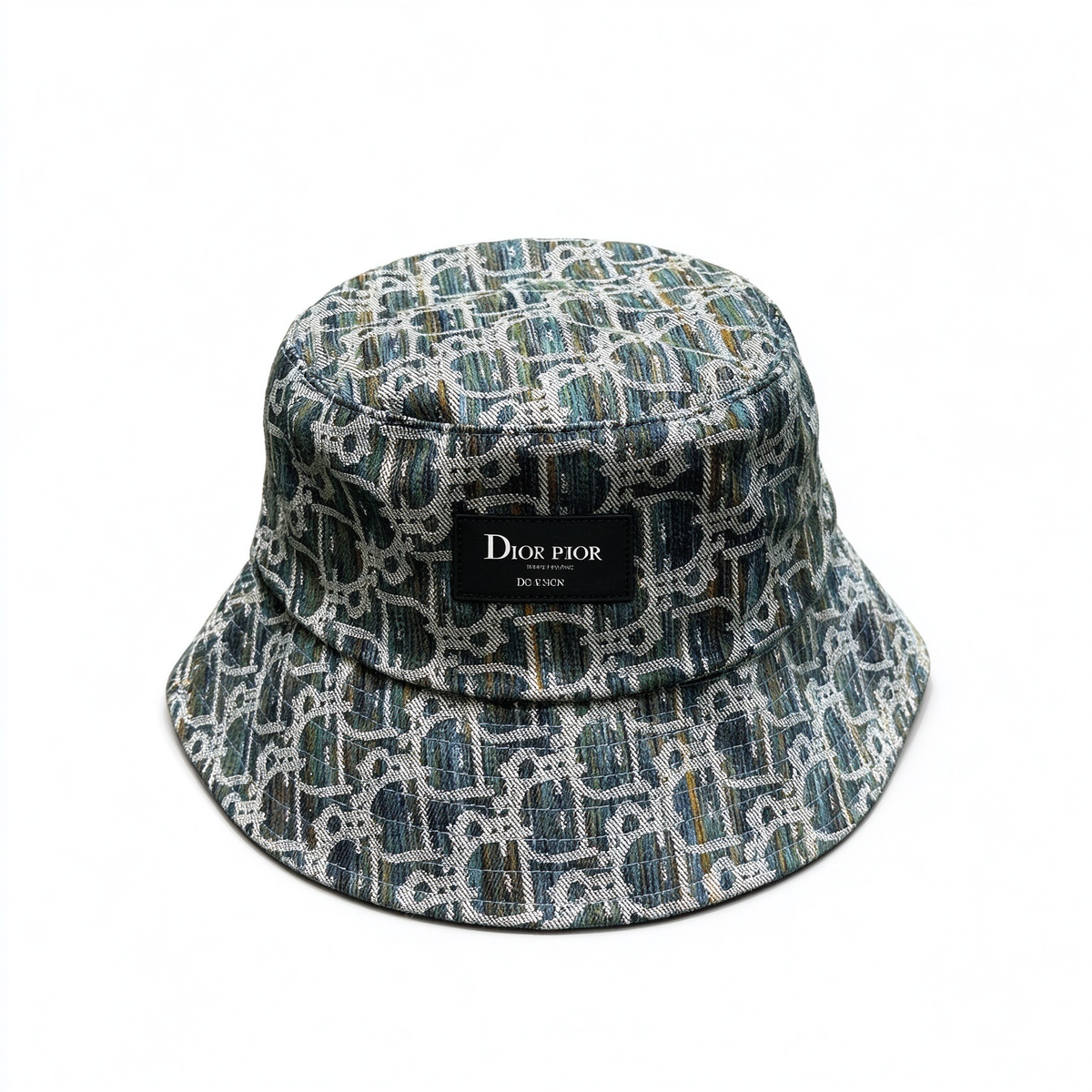 Dior Style Dior Graphs Oblique Jacquard Bucket Hat – Multi-Color Teal Blue All-Over Monogram Fisherman Hat with Black Square Patch Badge, Luxury French Designer Streetwear Cap for Men & Women