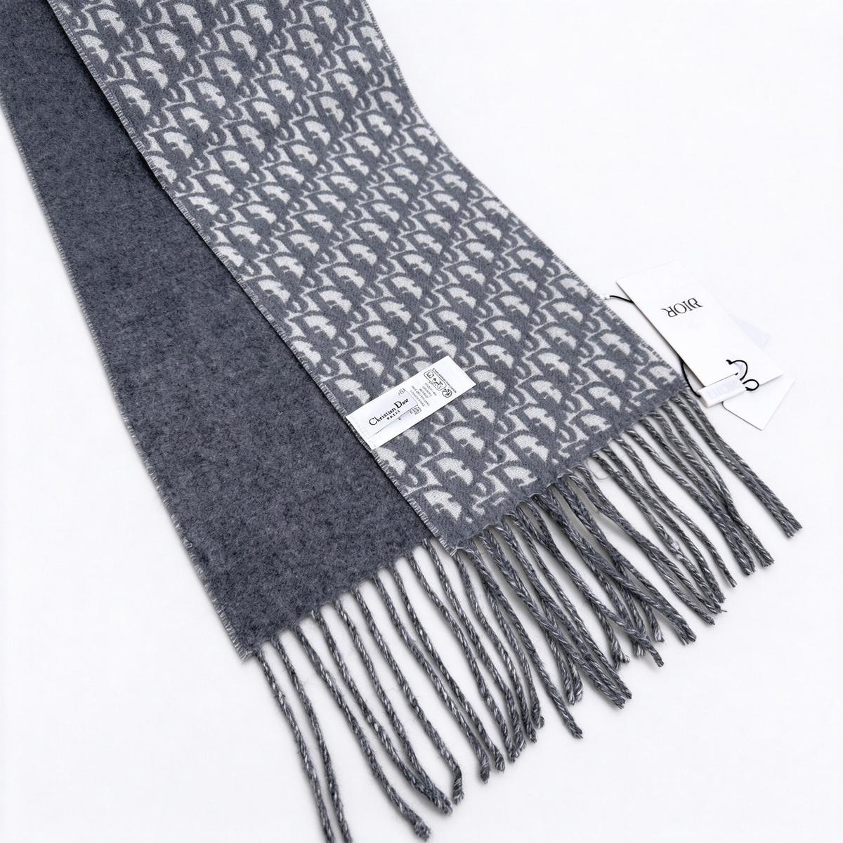 Dior Oblique Jacquard Scarf | Charcoal Grey & Light Grey Wool Wrap | Reversible Fringed Luxury Stole