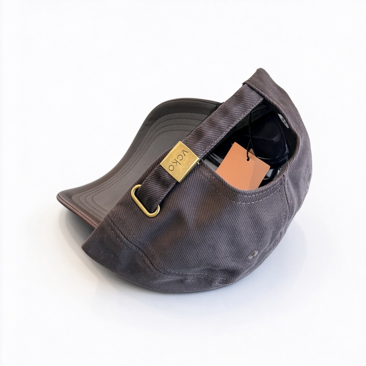 Loro Piana Leather Trim Baseball Cap - Charcoal/Dark Brown Cotton Twill Dad Hat with Tan Leather Brim & Diamond LP Patch, Designer Luxury Cap