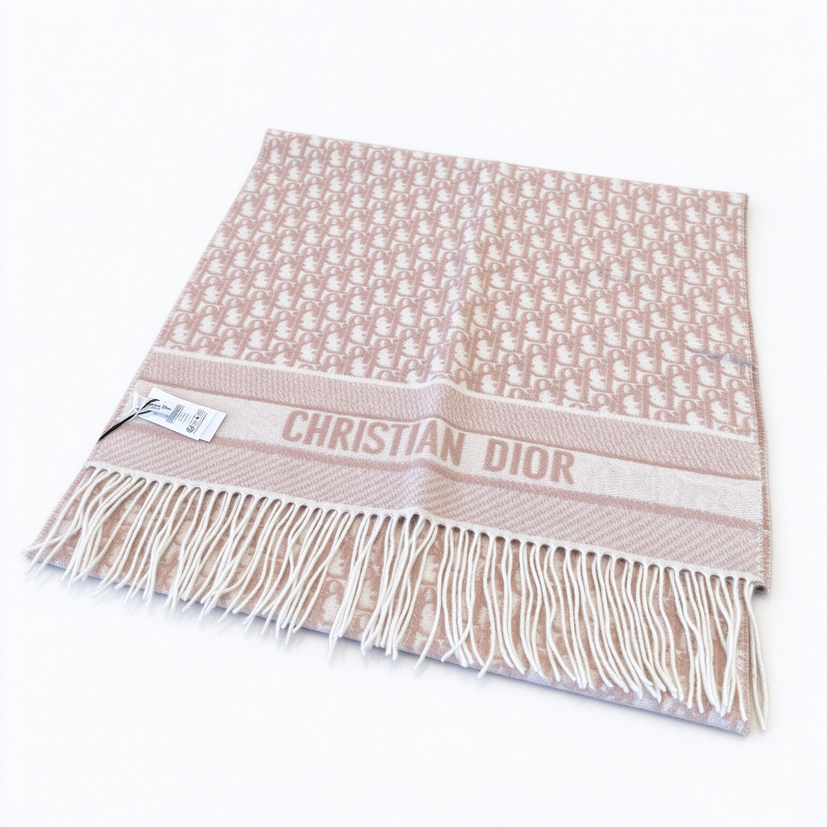 Dior Oblique Jacquard Scarf | Blush Pink & Ivory Wool Wrap | Embroidered Logo Band & Fringed Luxury Stole
