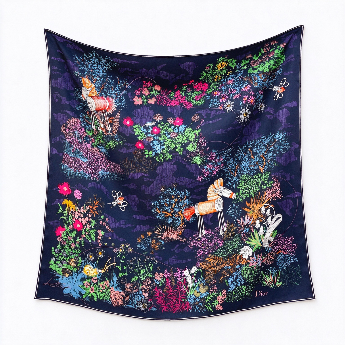 Christian Dior Atelier Silk Scarf by Jonathan Anderson – Navy Multicolor Couture Tools & Botanical Print | Luxury Designer Accessory