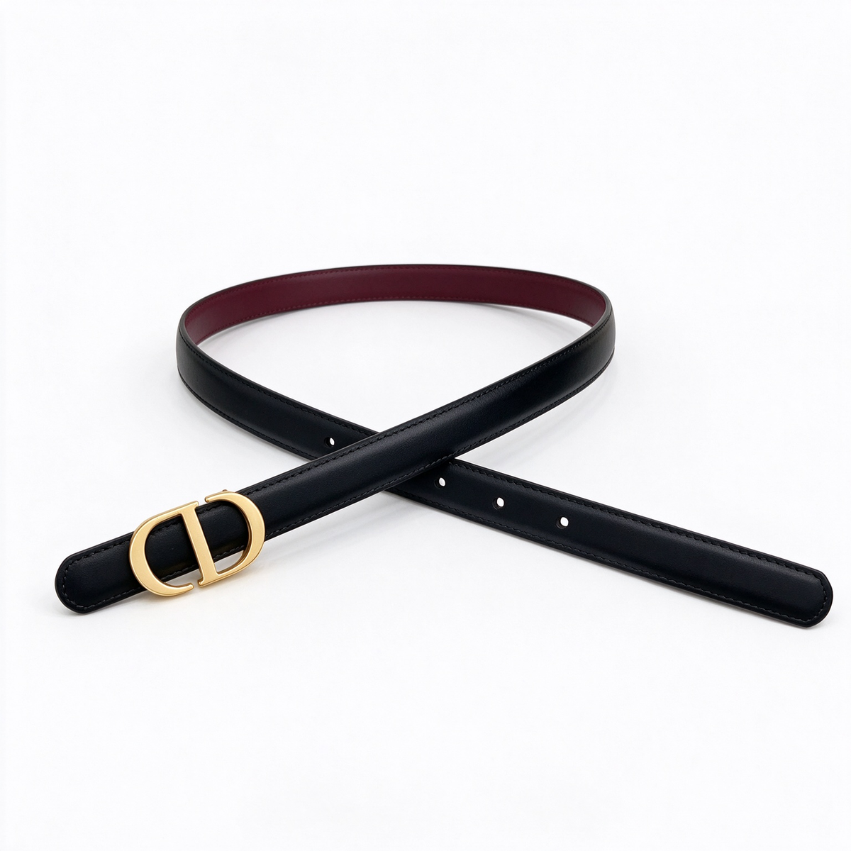 Dior Black & Burgundy CD Logo Leather Belt | Gold CD Buckle Skinny Waist Belt — Minimalist Luxury Designer Belt
