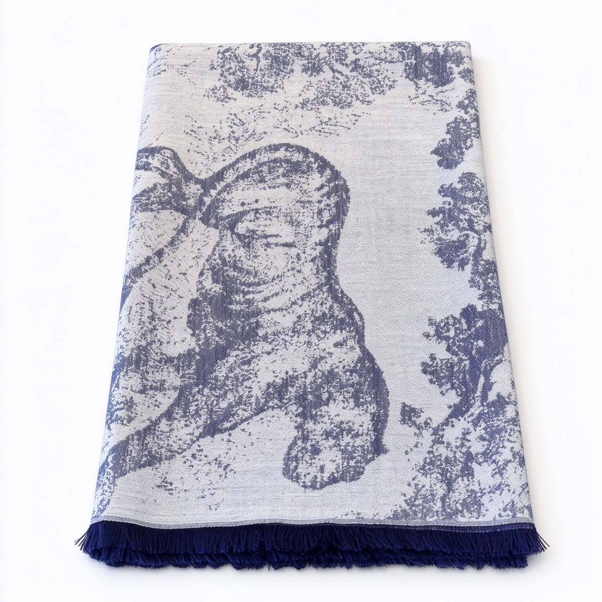 Christian Dior Jungle Toile Scarf – Navy & White Wool Cashmere Blend Animal Print | Reversible Fringed Luxury Shawl