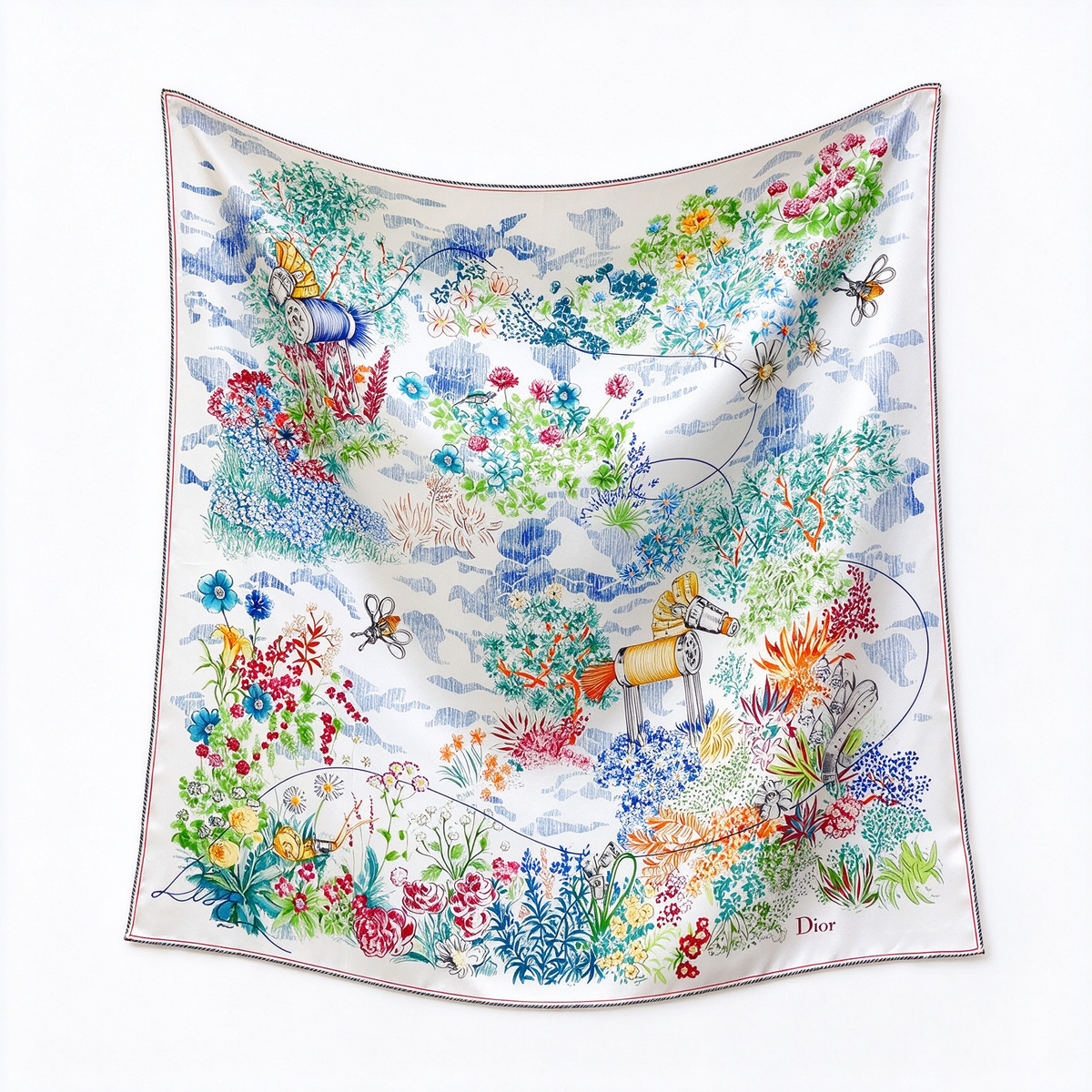 Jonathan Anderson Designs Dior Atelier Silk Square Scarf — Featuring Colorful "Haute Couture Tools" and "Botanical Garden" Prints | Luxury Designer Accessories