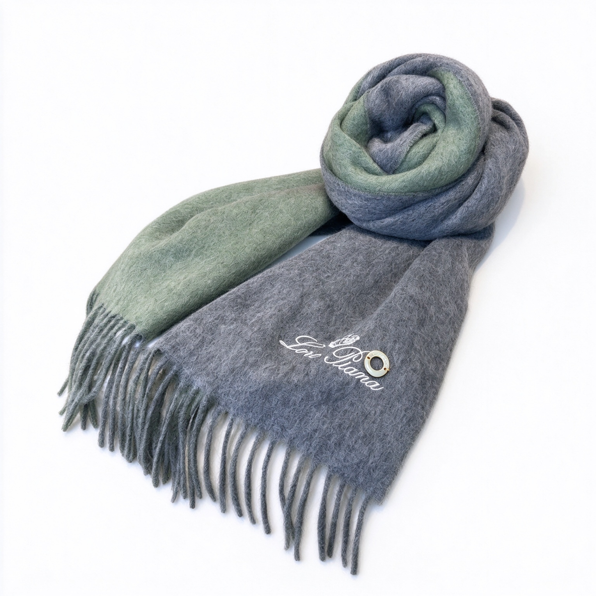Loro Piana Gifts  Cashmere Scarf | Reversible Luxury Wrap in Steel Grey & Forest Green | Embroidered Crest & Gold Grommet