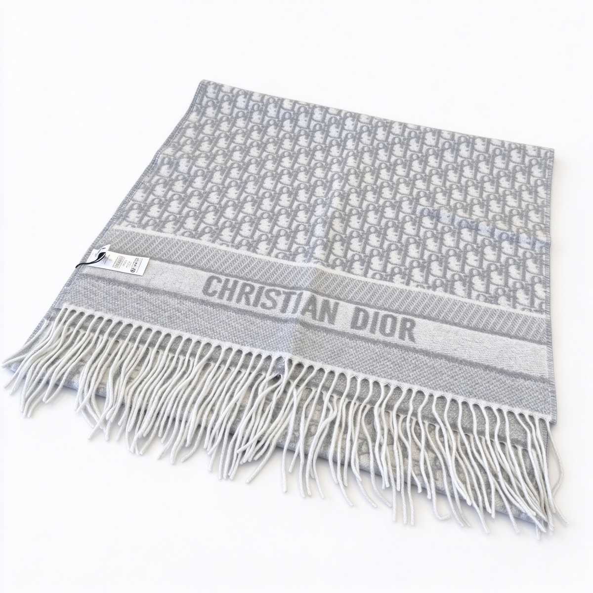 Dior Oblique Jacquard Scarf | Grey & White Wool Wrap | Embroidered Logo Band & Fringed Luxury Stole