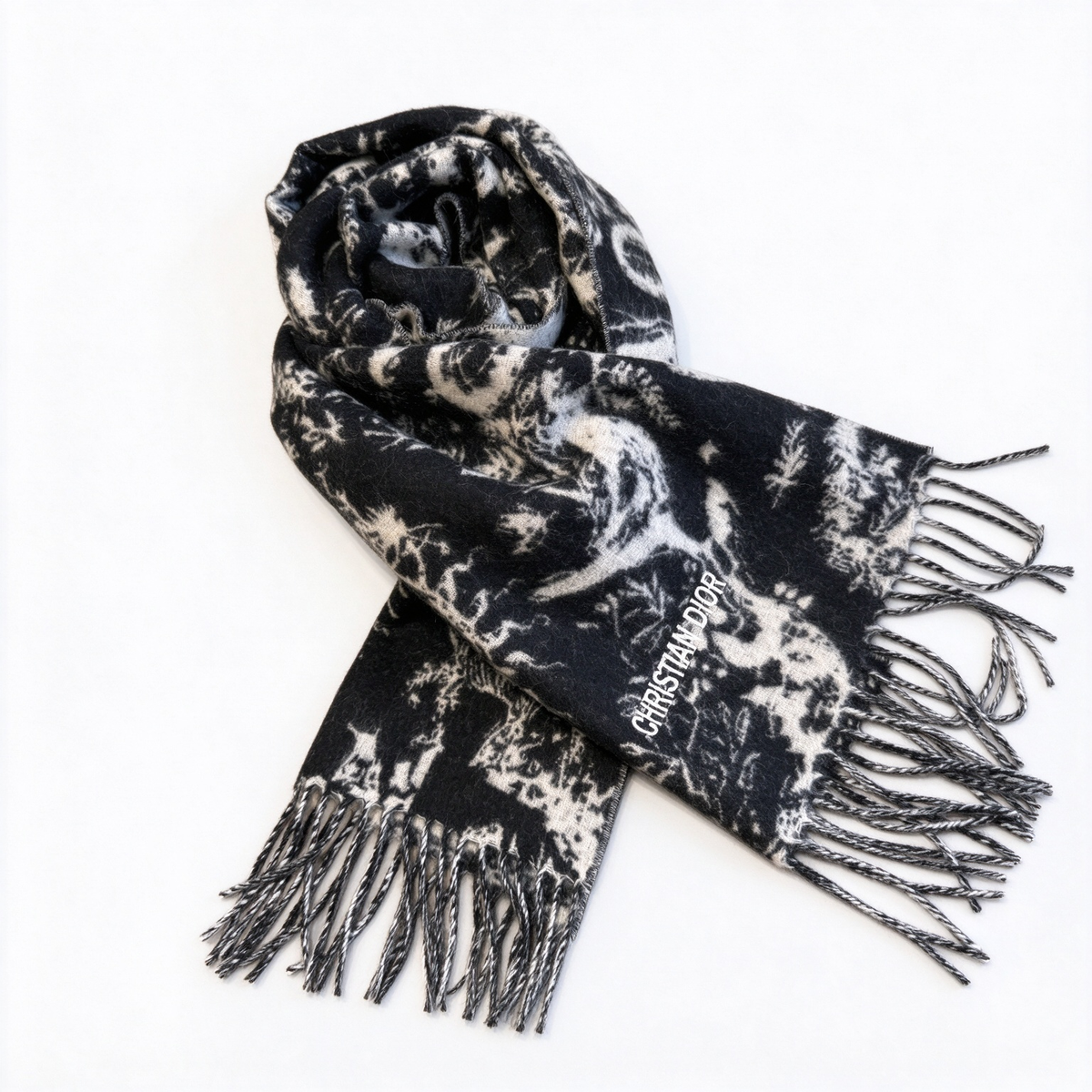 Christian Dior Sauvage Toile de Jouy Scarf – Black & White Cashmere Wool Blend with Fringe & Logo Detail | Luxury Designer Scarf for Women