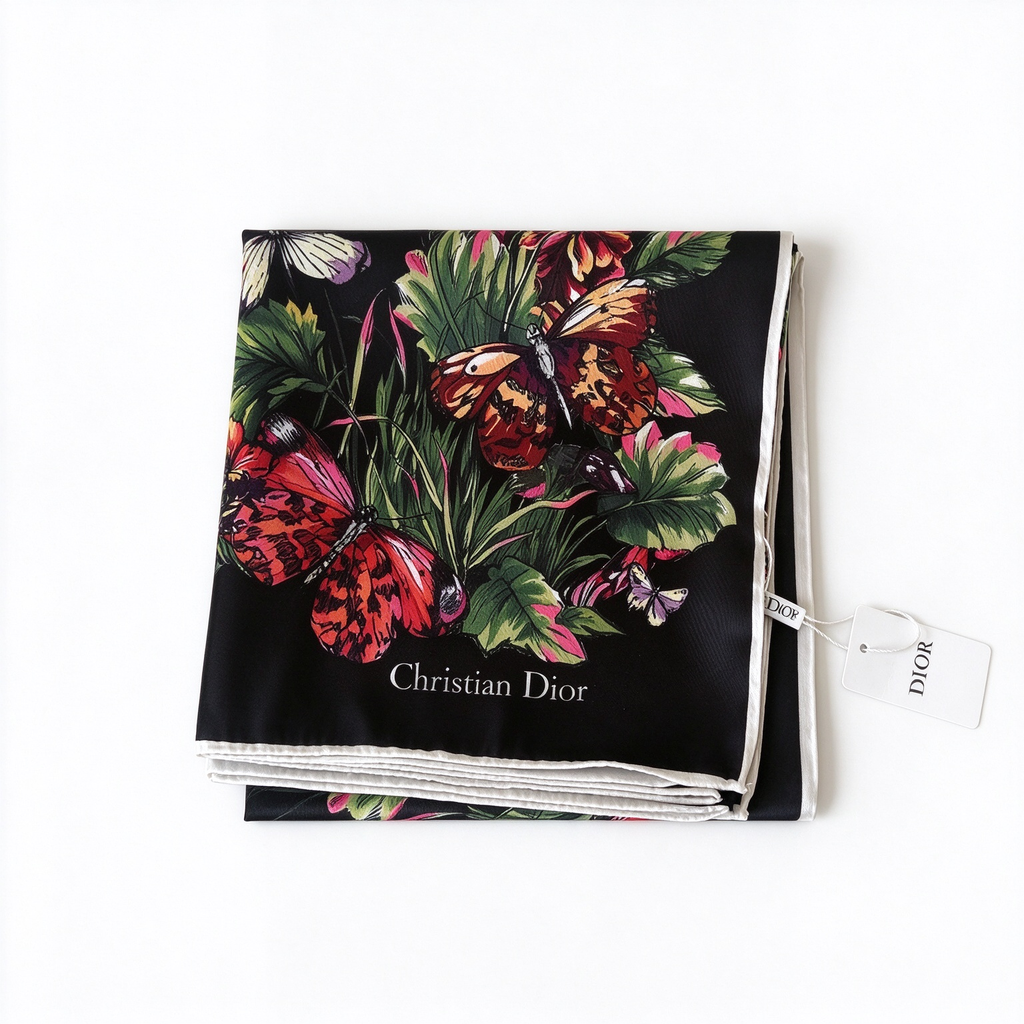Christian Dior Bal Butterfly & Floral Silk Scarf – Black Multicolor Butterfly Garden Print | Luxury Designer Accessory