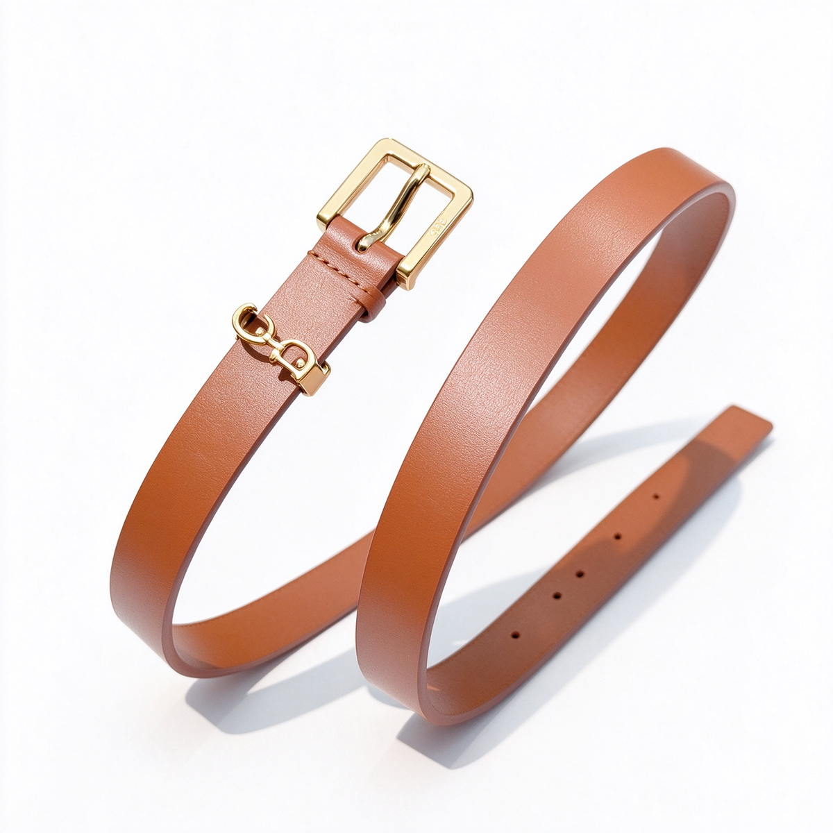 Dior Saddle Loop Brown Leather Belt | Gold CD Charm & Pin Buckle Skinny Waist Belt — Luxury Designer Fine Leather Belt