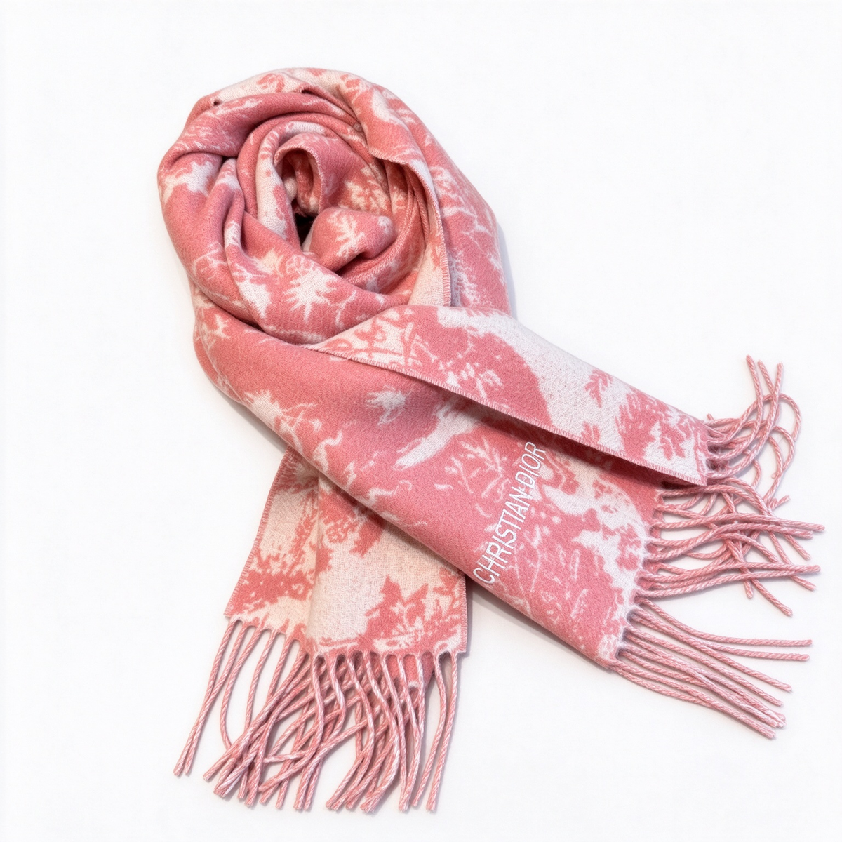 Christian Dior Sauvage Toile de Jouy Scarf – Rose Pink & Cream Cashmere Wool Blend with Fringe & Logo Detail | Luxury Designer Scarf for Women