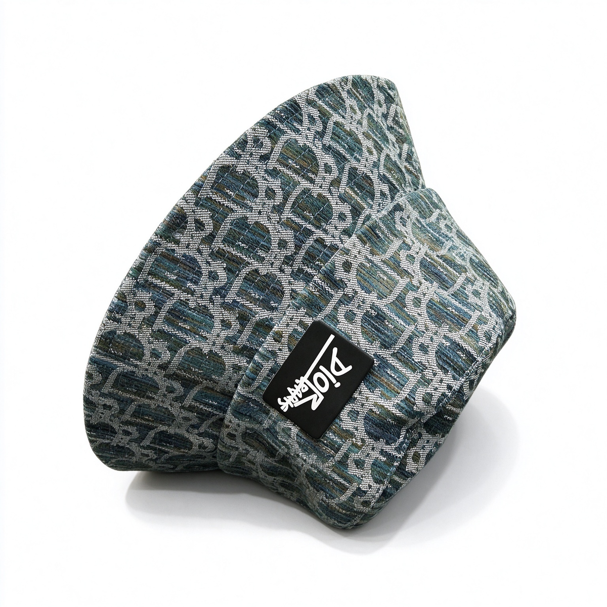 Dior Style Dior Graphs Oblique Jacquard Bucket Hat – Multi-Color Teal Blue All-Over Monogram Fisherman Hat with Black Square Patch Badge, Luxury French Designer Streetwear Cap for Men & Women