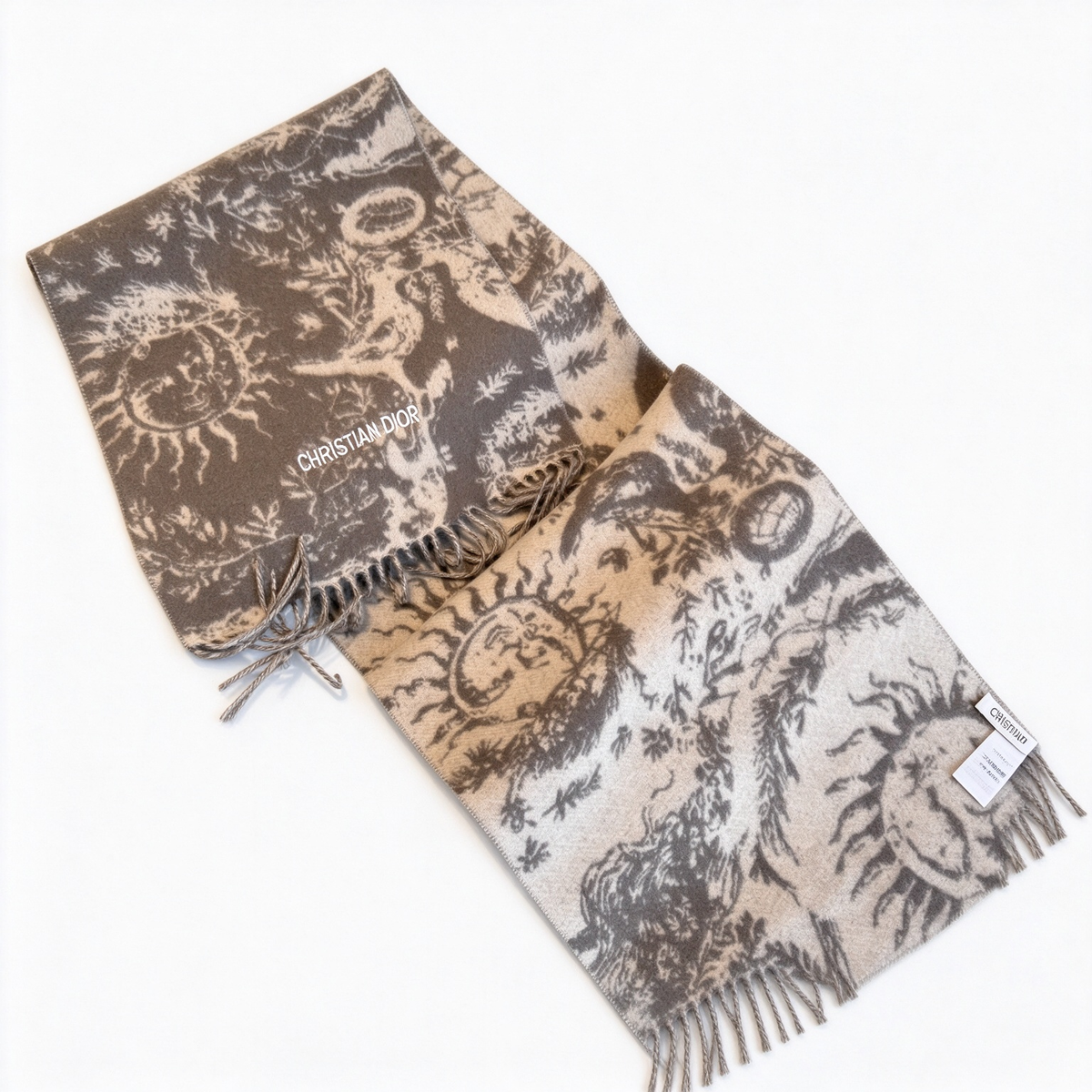 Christian Dior Sauvage Toile de Jouy Scarf – Deep Grey & Beige Cashmere Wool Blend with Fringe & Logo Detail | Luxury Designer Scarf for Women