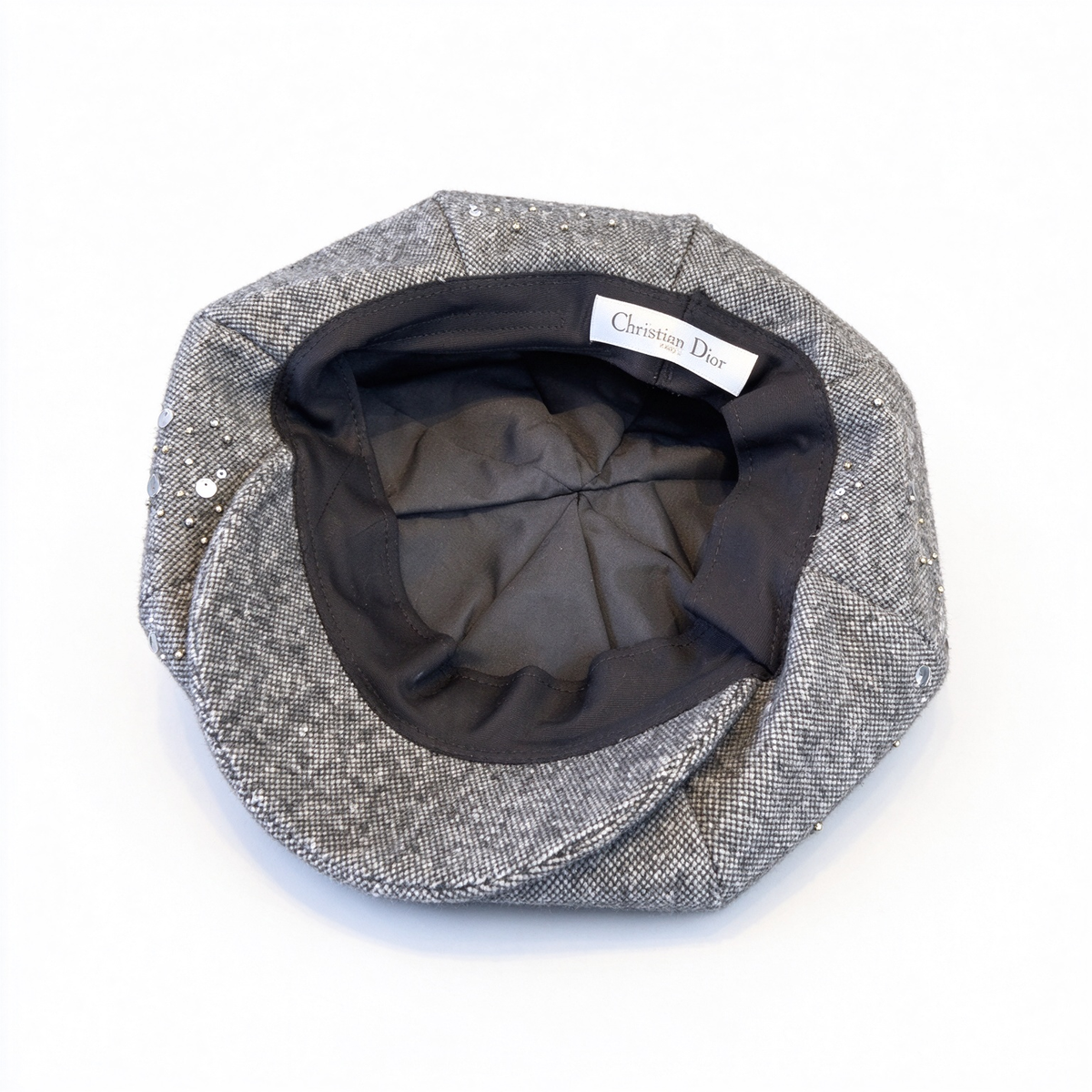 Dior Style Sequined Wool Herringbone Newsboy Cap – Grey Tweed Baker Boy Hat with Silver Sequins, Beads & Dior Logo Badge, Luxury French Designer Winter Cap for Women