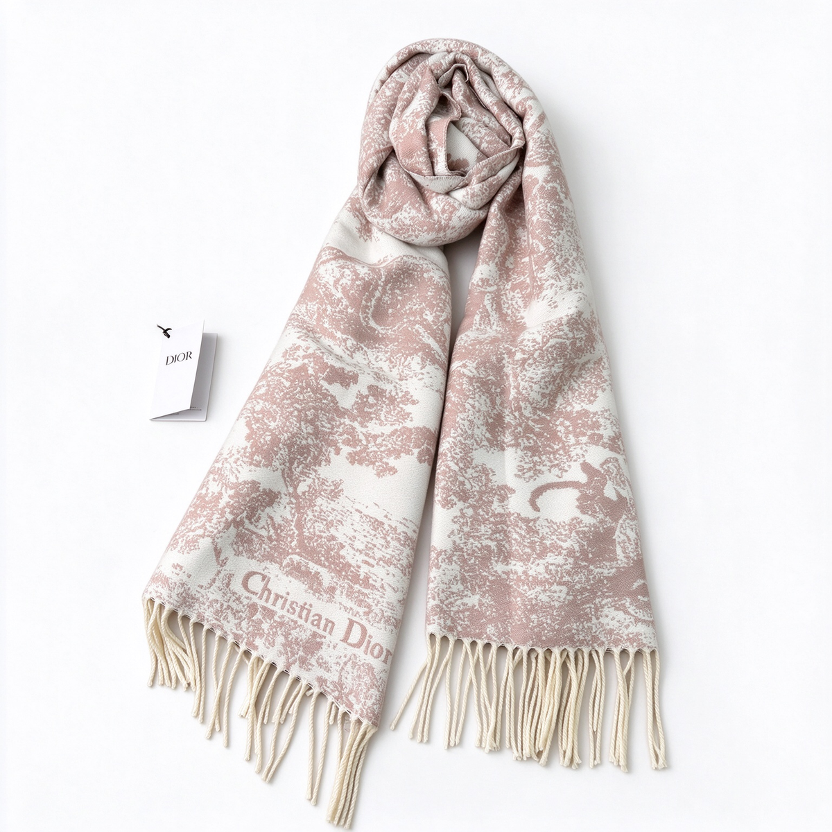 Dior Sauvage Toile de Jouy Scarf | Blush Pink & Ivory Cashmere Wool Wrap | Embroidered Logo & Fringed Shawl