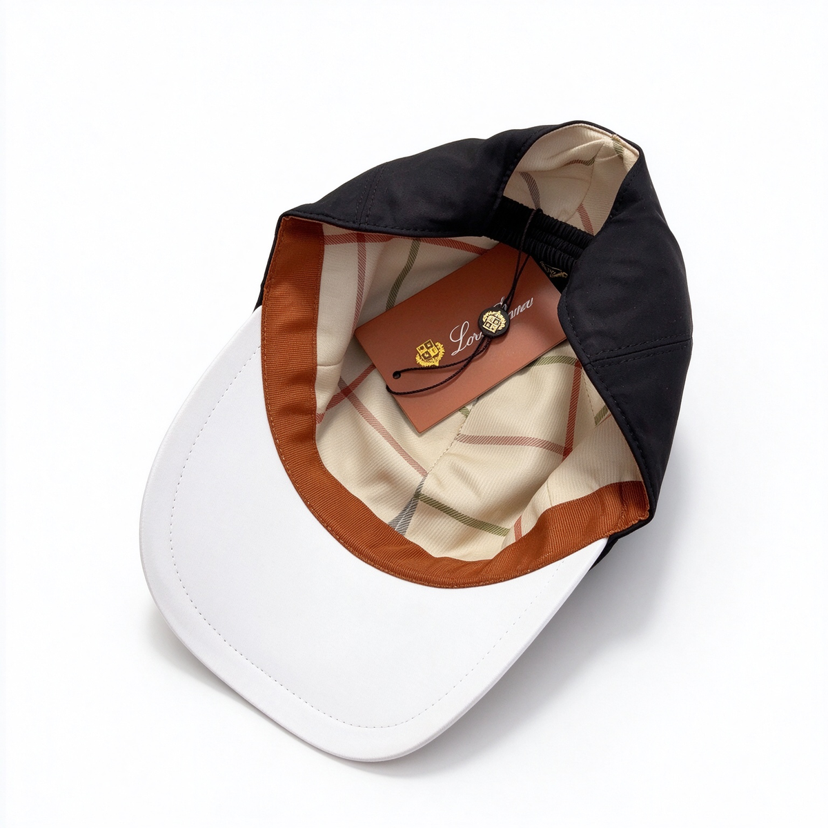 Loro Piana Storm System  Baseball Cap | Black Waterproof Wind Microfiber Hat with White Trim & Gold Crest Badge