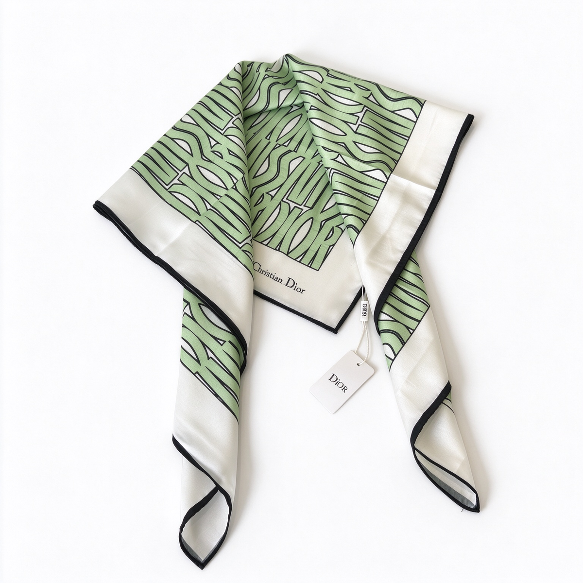 Dior Style Miss Dior Silk Square Scarf – Lime Green Monogram Print Carré, Luxury French Designer 100% Silk Headscarf 90×90cm, Vintage-Inspired Neck Wrap for Women