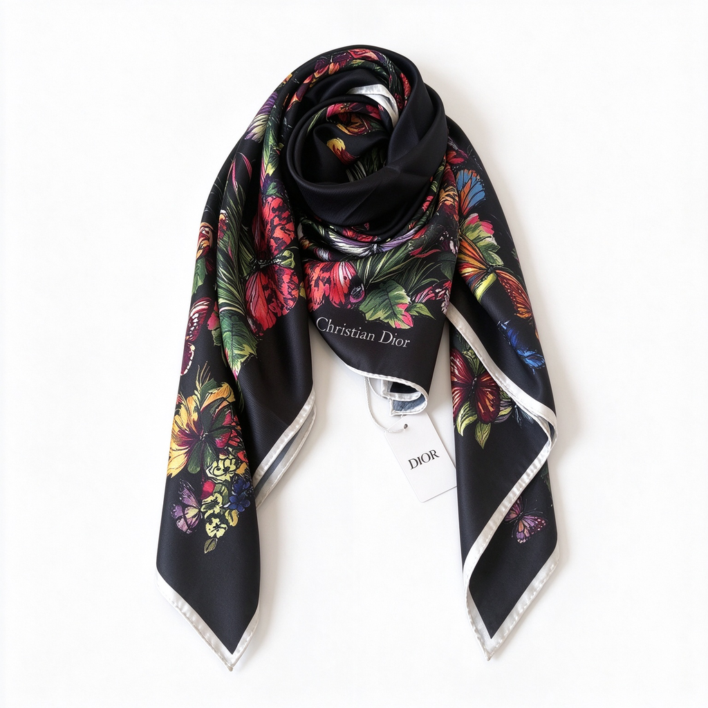 Christian Dior Bal Butterfly & Floral Silk Scarf – Black Multicolor Butterfly Garden Print | Luxury Designer Accessory