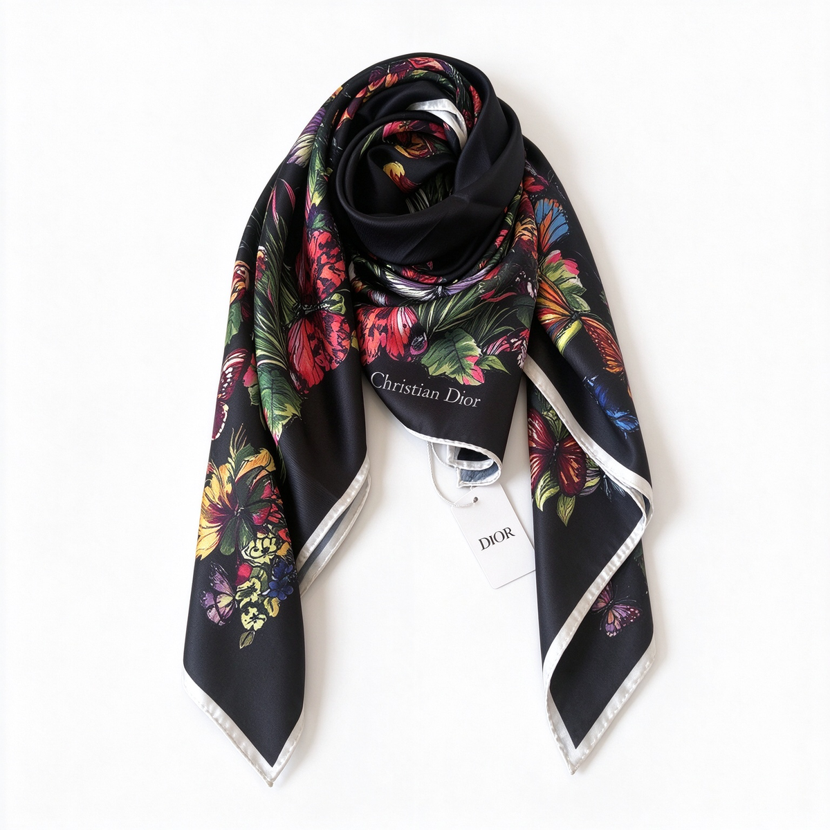 Christian Dior Bal Butterfly & Floral Silk Scarf – Black Multicolor Butterfly Garden Print | Luxury Designer Accessory
