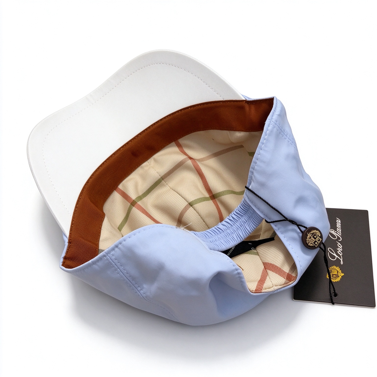 Loro Piana Storm System  Baseball Cap | Light Blue Waterproof Wind Microfiber Hat with White Trim & Gold Crest Badge