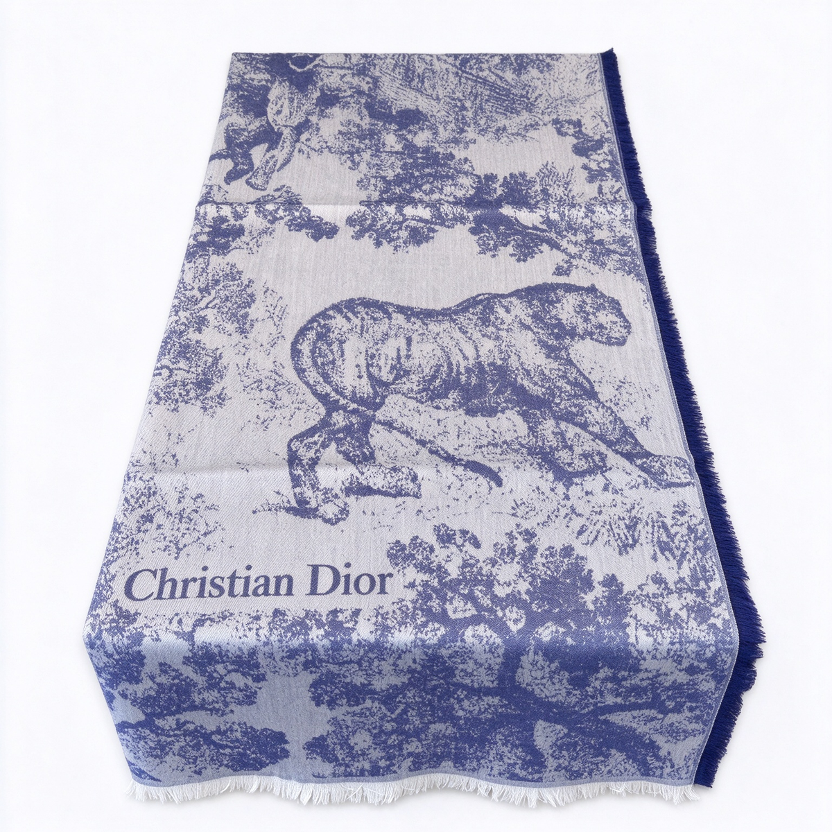 Christian Dior Jungle Toile Scarf – Navy & White Wool Cashmere Blend Animal Print | Reversible Fringed Luxury Shawl