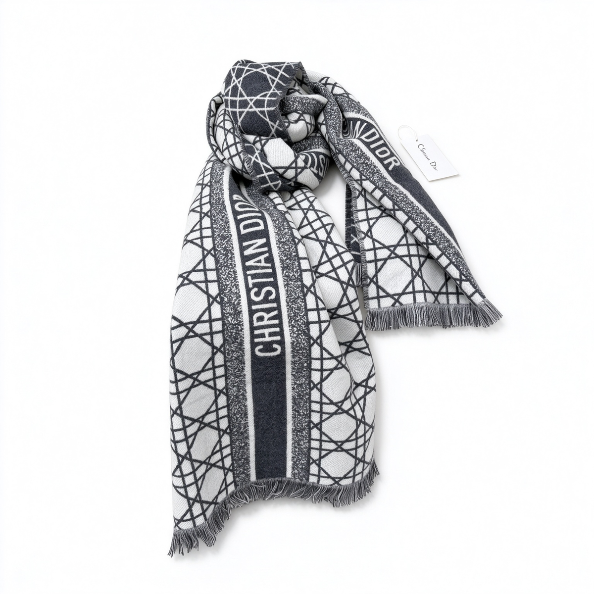 Christian Dior Cannage Scarf in Black & White — Reversible Wool Silk Blend Logo Shawl with Fringe | Luxury Designer Fashion Accessory