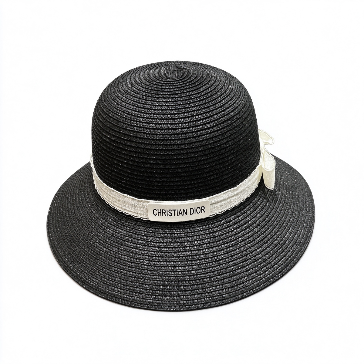 Dior Style Straw Sun Hat – Black Woven Wide Brim Beach Hat with Ivory Ribbon & Christian Dior Logo Plaque, Luxury French Designer Summer Resort Hat for Women