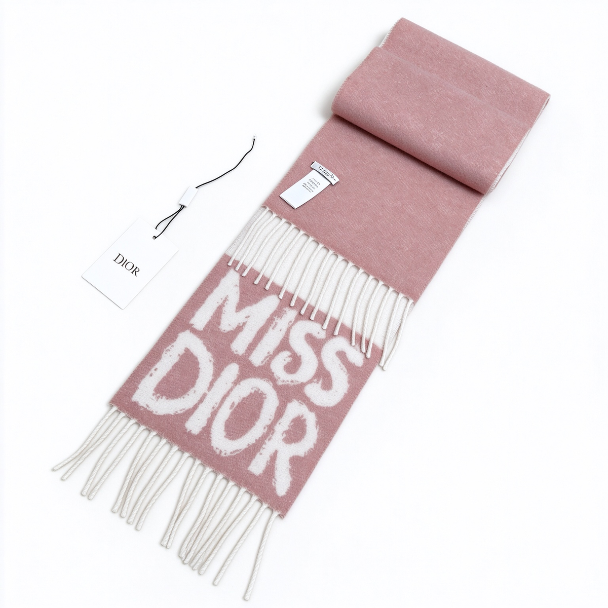 Dior Miss Dior Scarf | Blush Pink & White Wool Cashmere Wrap | Oversized Logo Fringed Luxury Winter Stole