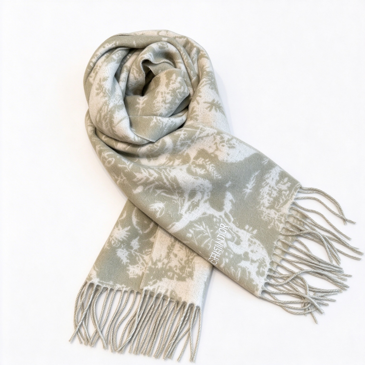 Christian Dior Sauvage Toile de Jouy Scarf – Olive Green & Cream Cashmere Wool Blend with Fringe & Logo Detail | Luxury Designer Scarf for Women
