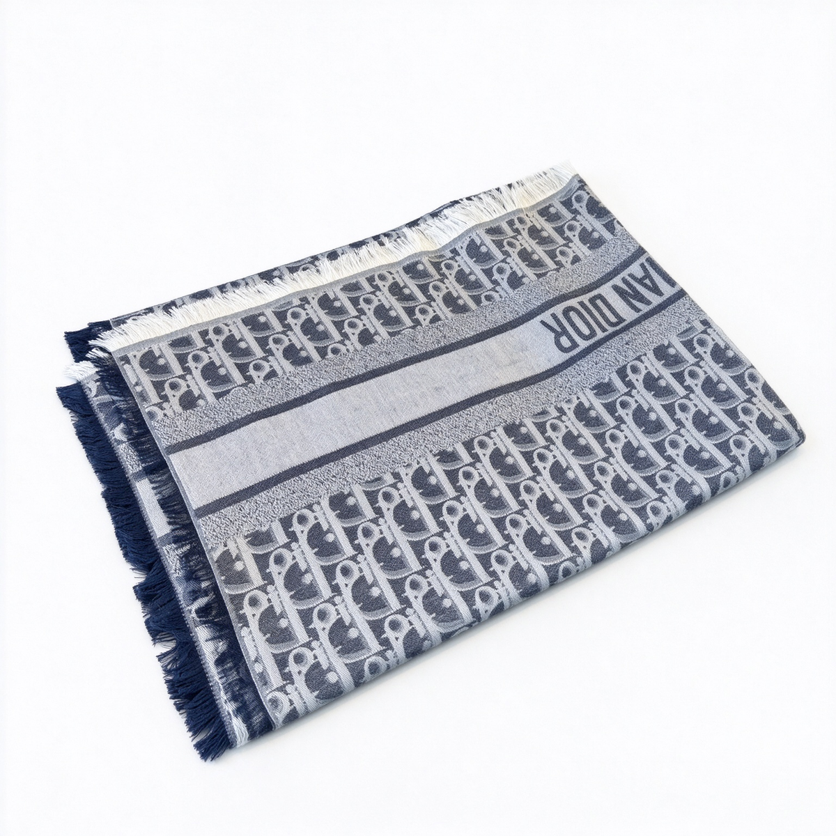 Christian Dior Oblique Jacquard Scarf – Navy & Light Blue Monogram Wool Cashmere Blend Reversible Fringed Scarf | Luxury Designer Unisex Accessory
