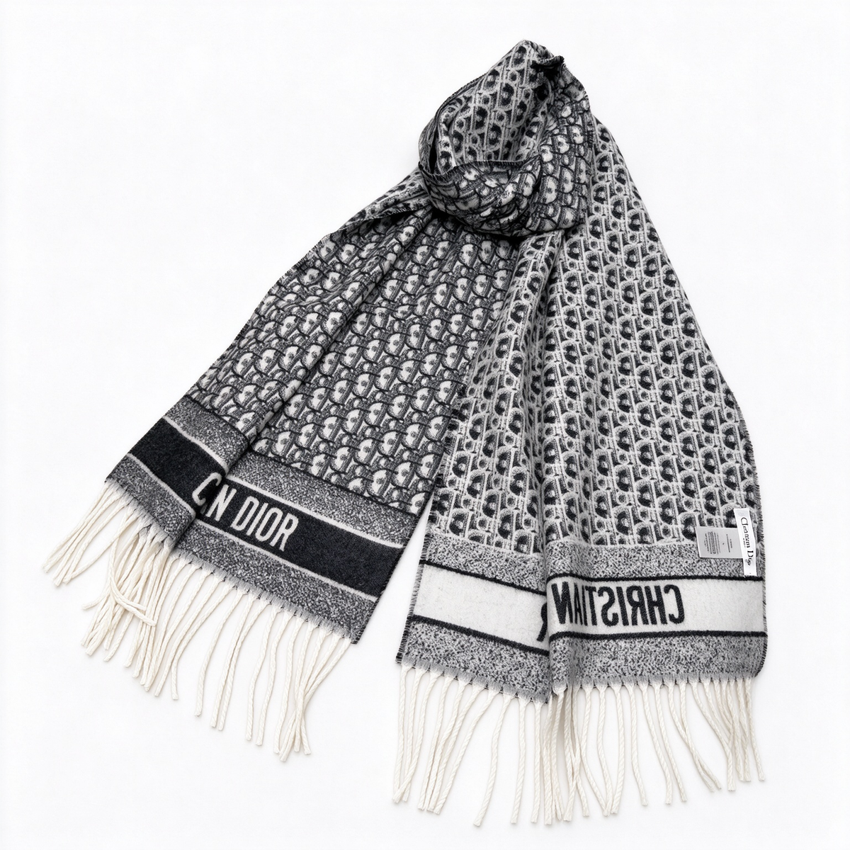 Dior Oblique Scarf in Black & White — Reversible Wool Silk Blend Logo Print Long Shawl with Fringe | Luxury Designer Fashion Accessory
