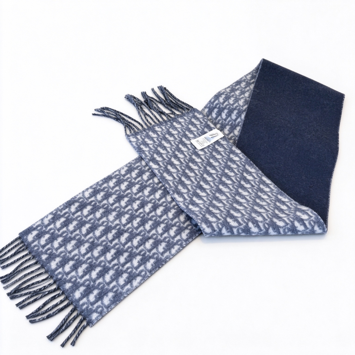 Dior Oblique Scarf in Navy Blue Gradient — Reversible Wool Silk Blend Logo Print Long Shawl with Fringe | Luxury Designer Fashion Accessory