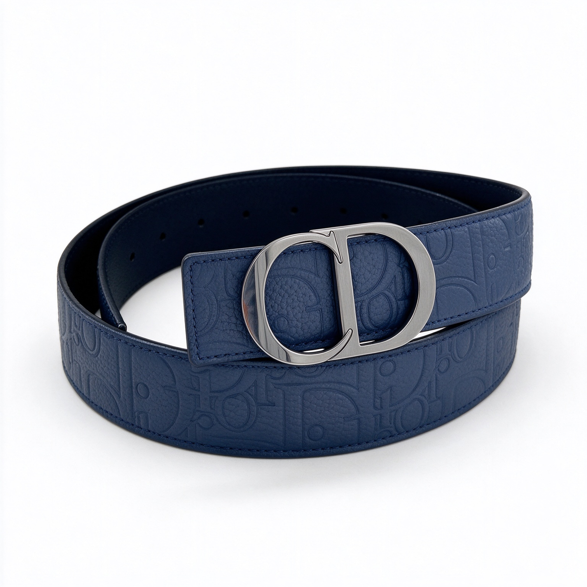 Dior 30 Montaigne Navy Blue Oblique Embossed Leather Belt | Silver CD Buckle — Luxury Designer Wide Waist Belt