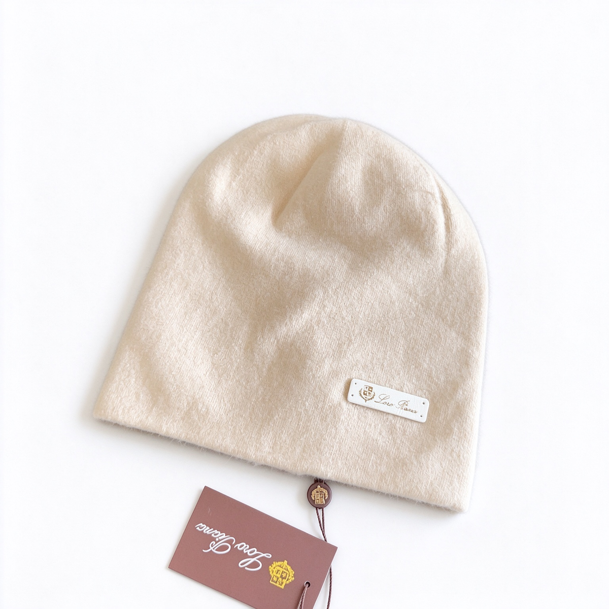 Loro Piana Cashmere Beanie Hat - Ivory/Cream Pure Cashmere Knit Cold Hat with Leather Label, Designer Luxury Winter Headwear