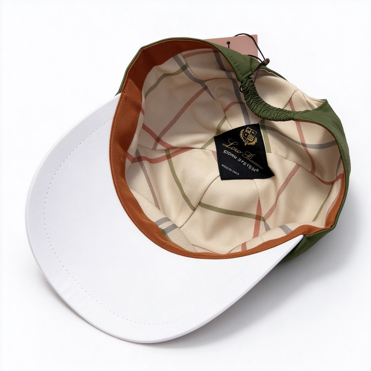 Loro Piana Storm System  Baseball Cap | Olive Green Waterproof Wind Microfiber Hat with White Trim & Gold Crest Badge