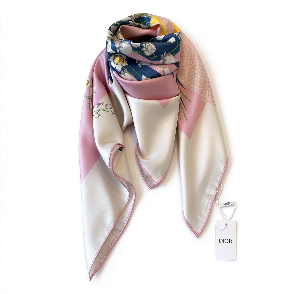 Christian Dior Muguet (Lily of the Valley) Silk Square Scarf – Pink and Navy Lily of the Valley Print | A Designer Accessory Symbolizing Good Luck