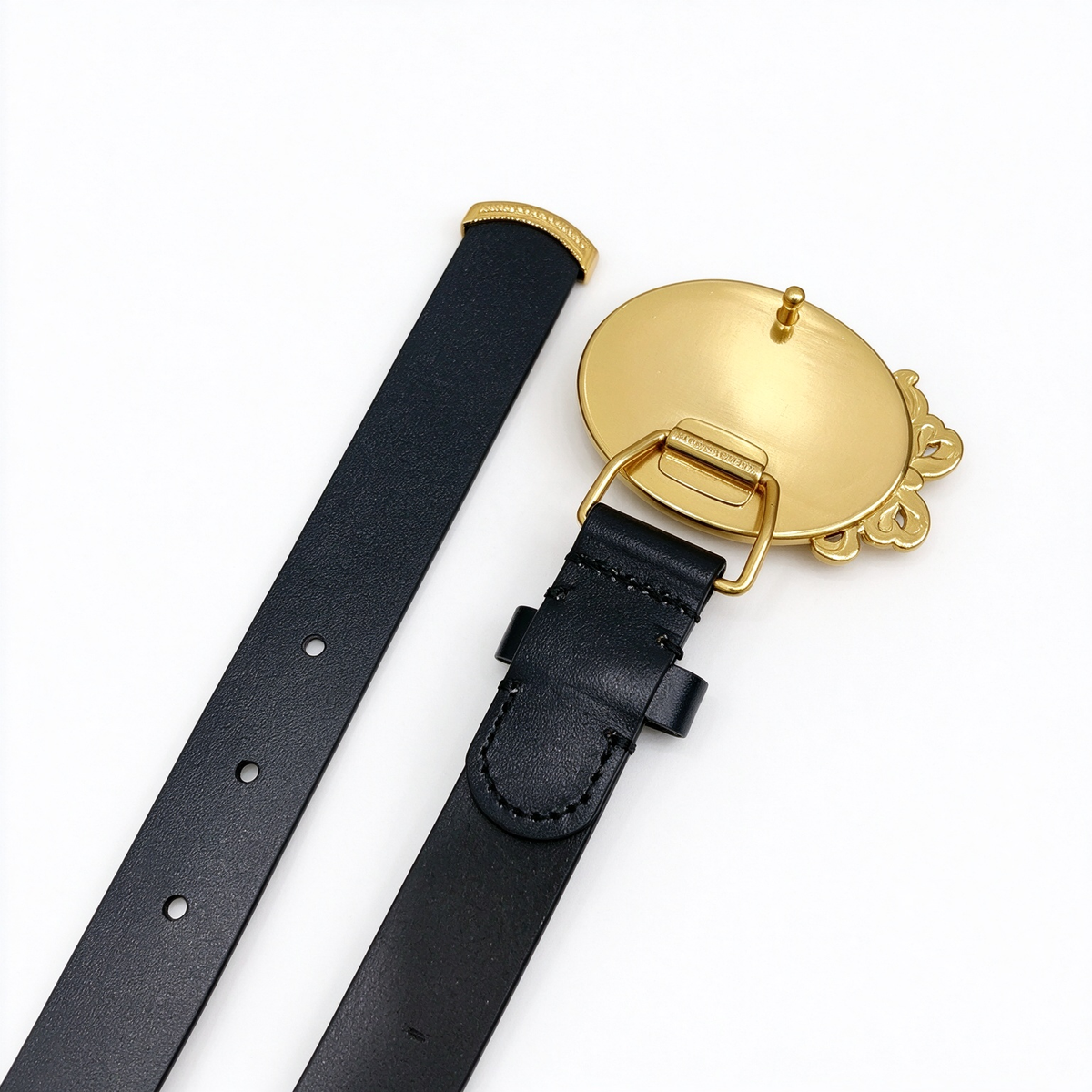 Dior Médaillon Black Leather Belt | Antique Gold Medallion Bow Buckle & Engraved Logo — Luxury Designer Skinny Waist Belt