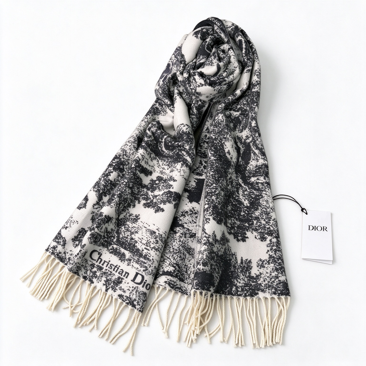 Christian Dior Toile de Jouy Sauvage Scarf in Black & White — Reversible Cashmere Wool Blend Fringed Shawl | Luxury Designer Fashion Accessory