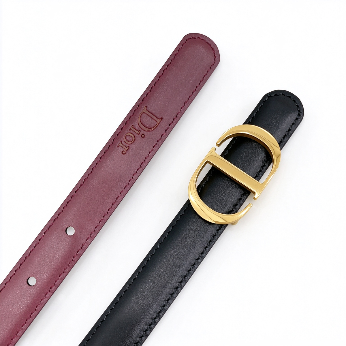 Dior Black & Burgundy CD Logo Leather Belt | Gold CD Buckle Skinny Waist Belt — Minimalist Luxury Designer Belt