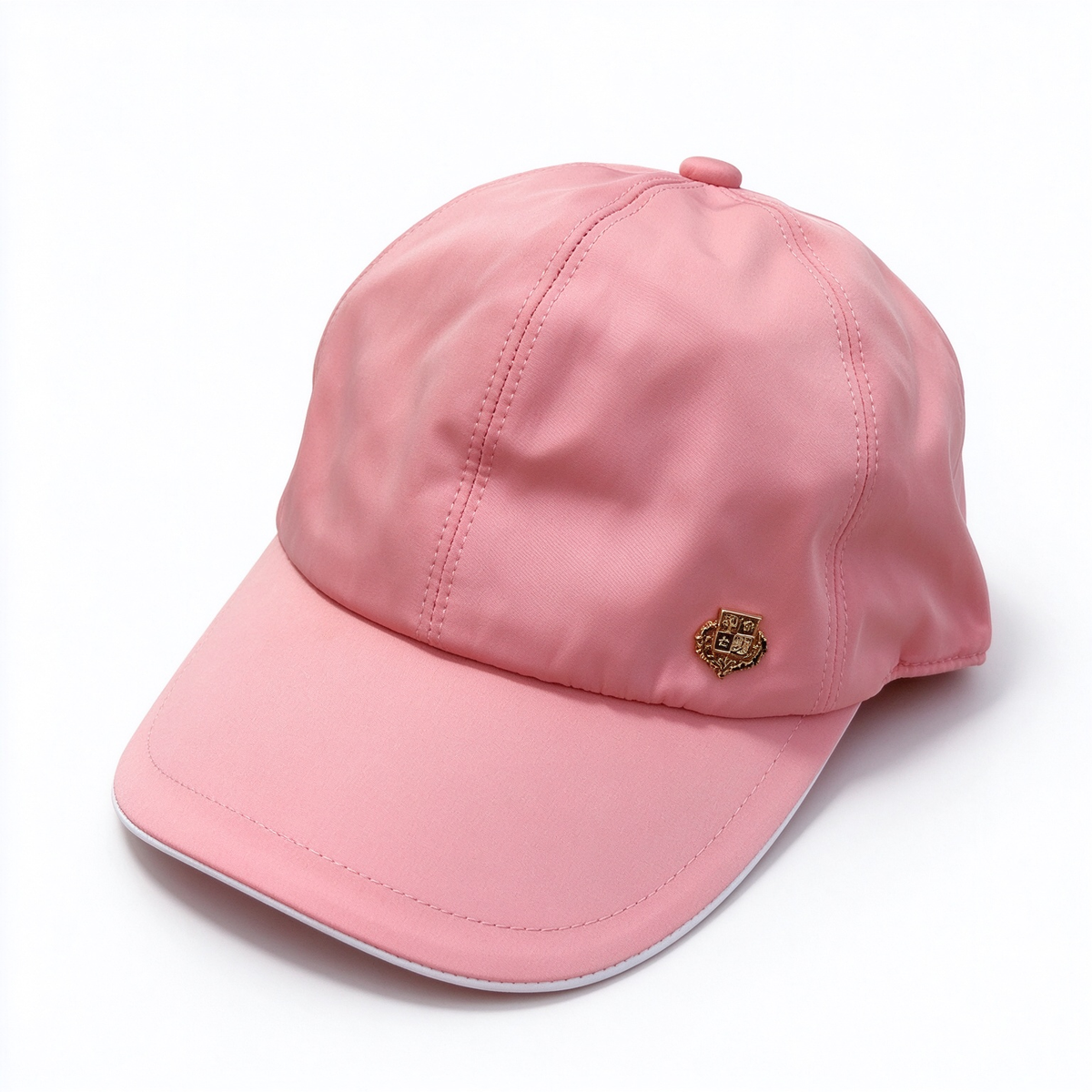 Loro Piana Storm System Baseball Cap | Dusty Rose Pink Waterproof Wind Microfiber Hat with White Trim & Gold Crest Badge