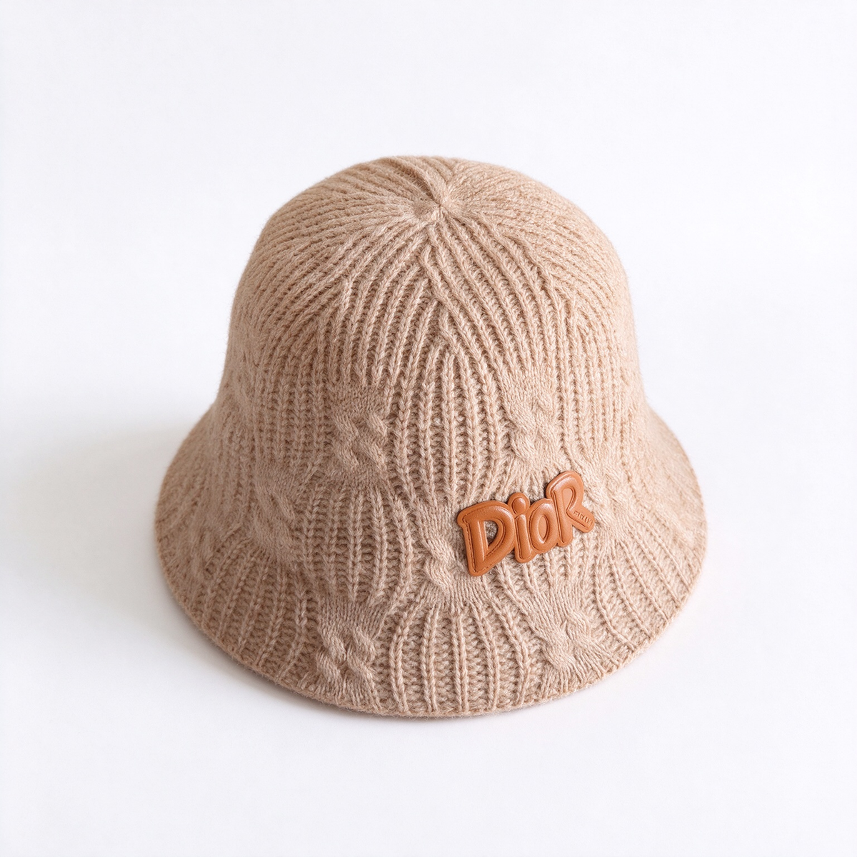 Dior Style Cable Knit Bucket Hat – Oatmeal Camel Wool Blend Fisherman Hat with Brown Leather Dior Logo Patch,