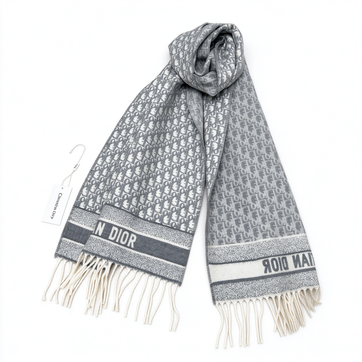 Dior Oblique Jacquard Scarf | Grey & White  Wool Wrap | Embroidered Logo Band & Fringed Stole