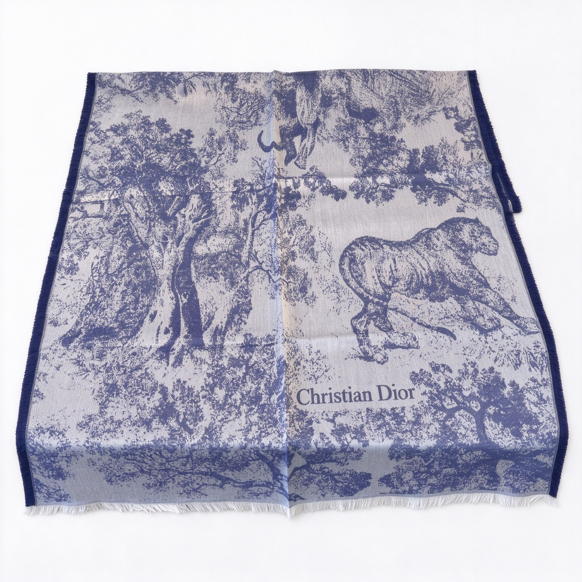 Christian Dior Jungle Toile Scarf – Navy & White Wool Cashmere Blend Animal Print | Reversible Fringed Luxury Shawl